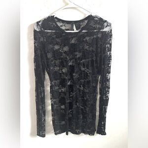 Women’s Floral Black Top Medium Sheer Mesh Layering Fairy indie Fitted Romantic